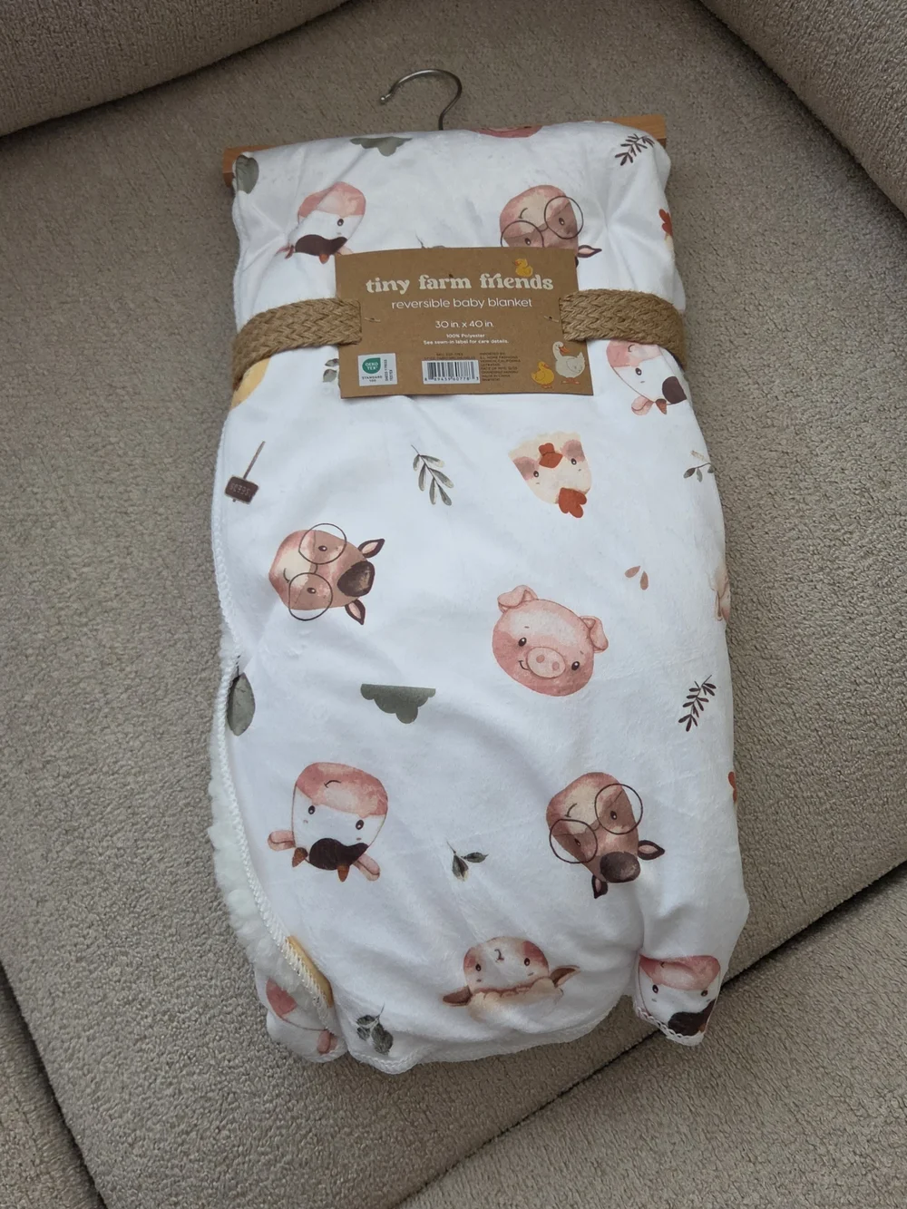 Reversible Baby Blanket - White with Blush Farm Animal Print